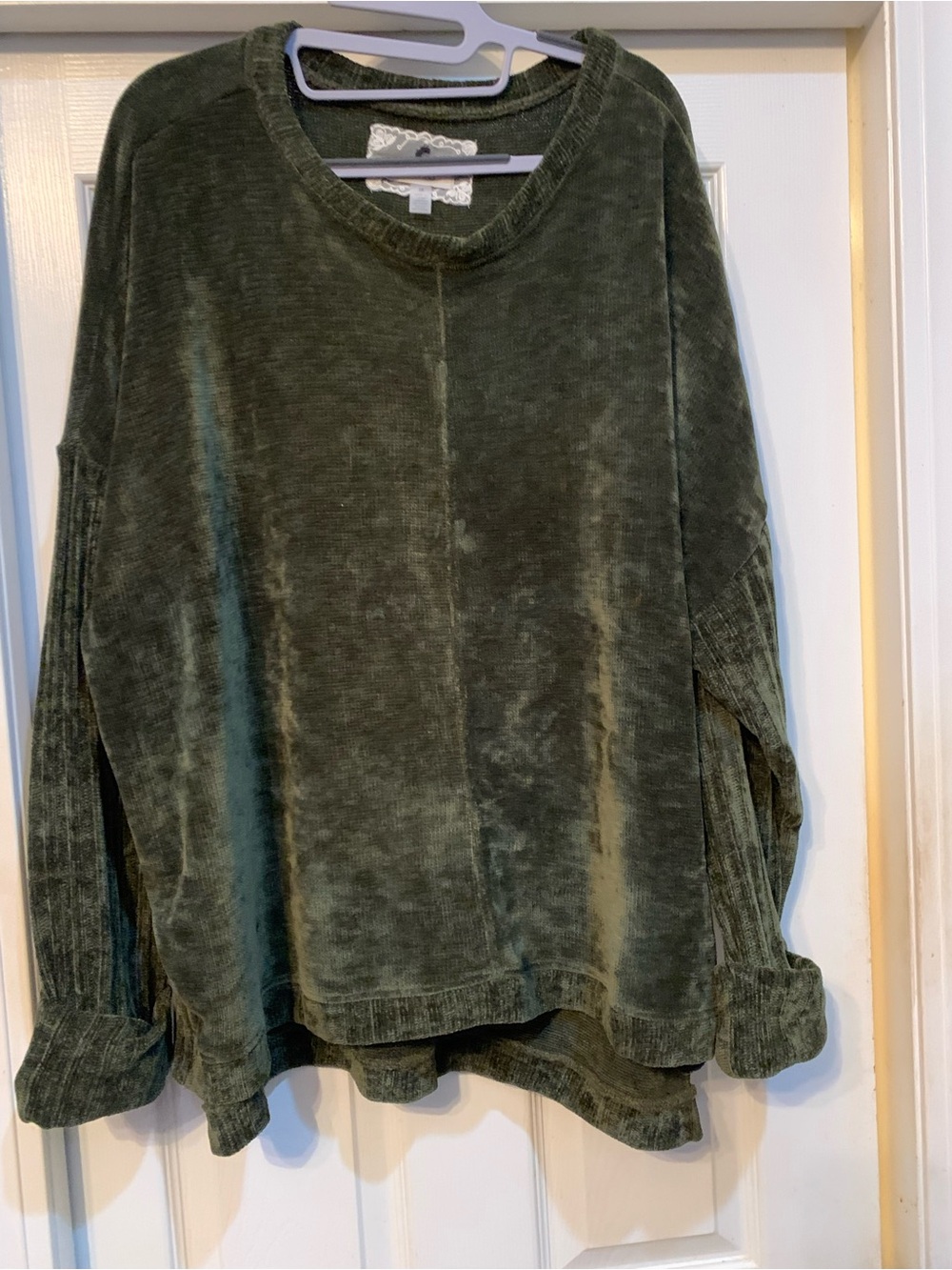 Cupio Womens Plus Size Olive Green Velour Crew Neck Sweater